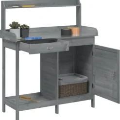 The Living Store Odlingsbänk med skåp grå 110,5x45x124,5 cm massivt granträ - Växtställ