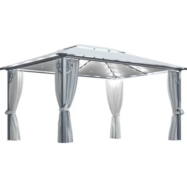 The Living Store Paviljong med gardin & ljusslinga LED 4x3 m gräddvit aluminium - Partytält & paviljoner