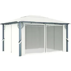 The Living Store Paviljong med gardin & ljusslinga LED 4x3 m gräddvit aluminium - Partytält & paviljoner