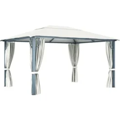 The Living Store Paviljong med gardin & ljusslinga LED 4x3 m gräddvit aluminium - Partytält & paviljoner