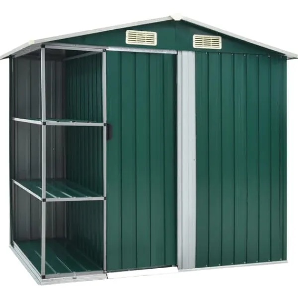 The Living Store Trädgårdsbod med hylla grön 205x130x183 cm järn - Förråd & Redskapsbodar Skjul, Garage & Carports