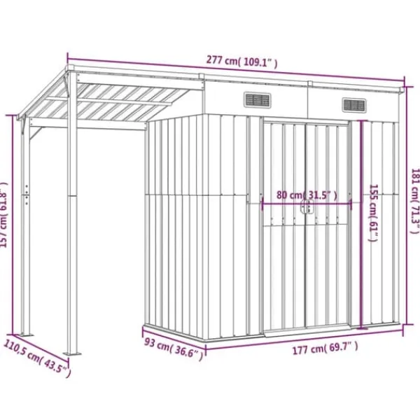 The Living Store Trädgårdsbod med förlängt tak antracit 277x110,5x181 cm stål - Förråd & Redskapsbodar