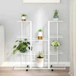 Online The Living Store Växtställ på hjul 94,5x24,5x91,5 cm vit järn - Växtställ Växtställ