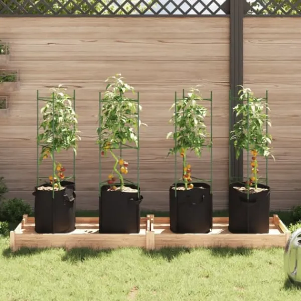 Tomatburar med växtpåsar - Justerbart stålstöd för tomater och vinrankor | Färg: Grön | Storlek: 116 cm | 4 st