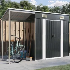 Online Trädgårdsbod med förlängt tak i stål - Förvaring för verktyg och möbler | Färg: Antracit | Storlek: 277x107x181 cm Skjul, Garage & Carports