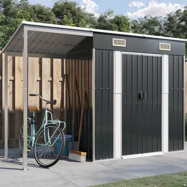 Online Trädgårdsbod med förlängt tak i stål - Förvaring för verktyg och möbler | Färg: Antracit | Storlek: 277x107x181 cm Skjul, Garage & Carports