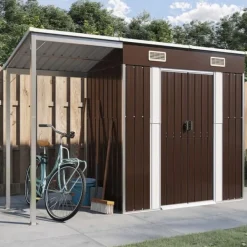 Discount Trädgårdsbod med förlängt tak brun 277x107x181 cm stål Skjul, Garage & Carports