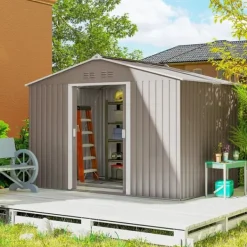 Clearance Trädgårdsbod utomhus - Metallförråd - 277 x 195 x 192 cm - Glasfibertak - Skjutdörr - Förstärkt bas (utan golv) - Grå Skjul, Garage & Carports