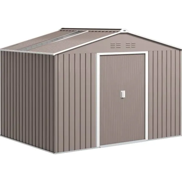Clearance Trädgårdsbod utomhus - Metallförråd - 277 x 195 x 192 cm - Glasfibertak - Skjutdörr - Förstärkt bas (utan golv) - Grå Skjul, Garage & Carports
