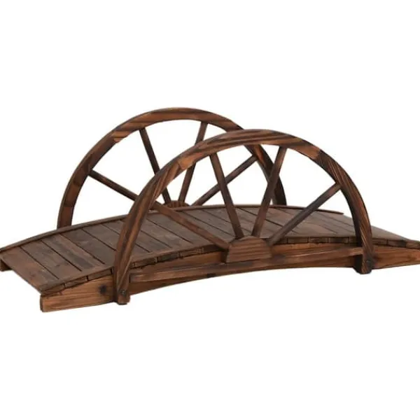 Trädgårdsbro med hjulhalvor - Hållbar gångbro i granträ | Storlek: 99x50x38 cm