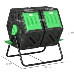 Trädgårdskompost - Roterande komposttumbler - Dubbelkammare - 130 l - Metall - 67 x 60 x 77 cm - Svart