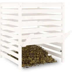Trädgårdskompost av massiv furu - Hög kapacitet med praktiskt lock | Storlek: 82,5x82,5x99,5 cm | Färg: Vit Kompostering