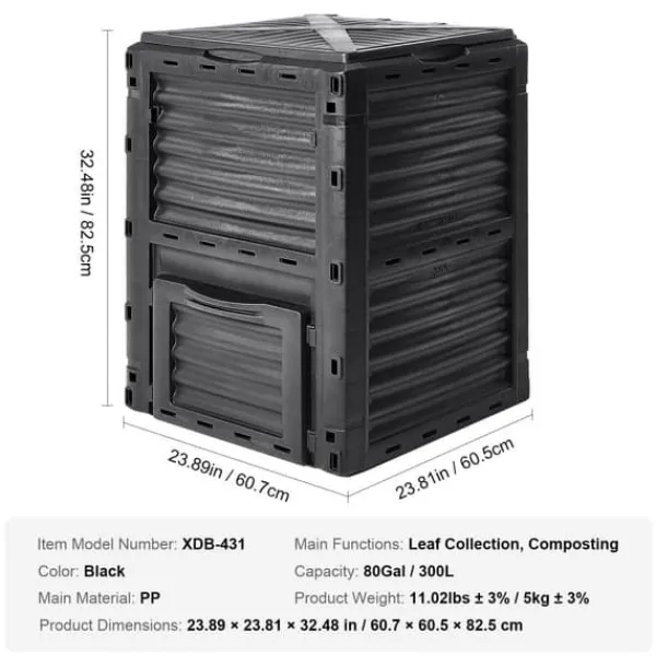 Trädgårdskompostbehållare 80 Gal, BPA-fri, stor kapacitet, utomhus, topplock, bottendörr, enkel montering, snabb bördig jord.