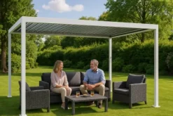 Best Trädgårdspergola 3x4 m med JUSTERBART ALUMINIUMTAK, vit, för TERRASS, stark Valvbågar, Spaljéer, Bersåer & Pergolor