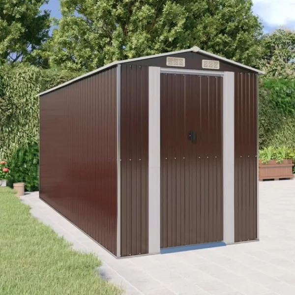 Hot Trädgårdsskjul mörkbrun 192x440x223 cm galvaniserat stål Skjul, Garage & Carports