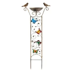 Discount Trädgårdsspaljé/klätterstöd med fågelbad - Fjärilsmönster - Metall, vattentät - Höjd 100 cm - Jordspett 17 cm - Fågelbad djup 5 cm - Vit För Fåglar & Småvilt