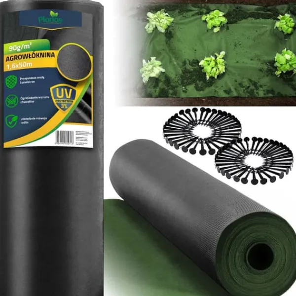 Outlet Trädgårdstextil 1,6 m x 50 m 90 g/m2 + 100 Plonos-nålar - svart och grön Markduk & Fiberduk