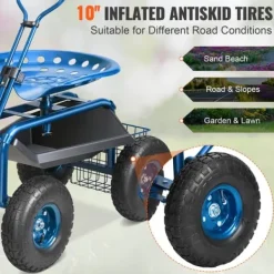 Best Trädgårdsvagn med hjul, 360° vridbar sits, verktygsbricka, perfekt för uteplats och gård, blå. Stöd Med Hjul, Säten & Knäskydd För Trädgårdsskötsel