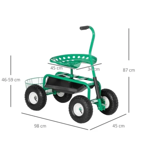 Discount Trädgårdsvagn/verkstadsvagn med roterbar sits & korg, höjdjusterbar, 150 kg, grön, 81×44,5×46–59 cm Stöd Med Hjul, Säten & Knäskydd För Trädgårdsskötsel