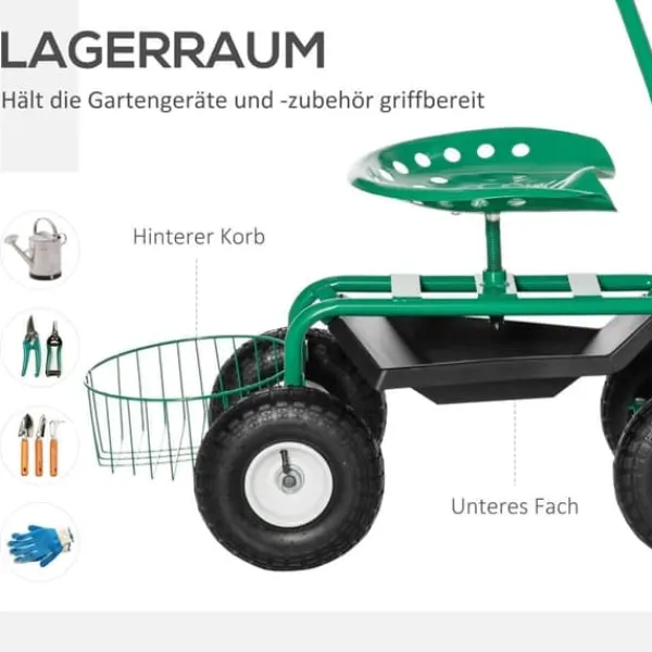 Discount Trädgårdsvagn/verkstadsvagn med roterbar sits & korg, höjdjusterbar, 150 kg, grön, 81×44,5×46–59 cm Stöd Med Hjul, Säten & Knäskydd För Trädgårdsskötsel