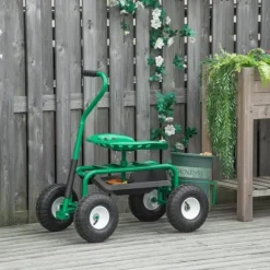 Hot Trädgårdsvagn/verkstadsvagn med roterbar sits & korg, höjdjusterbar, 150 kg, grön, 81×44,5×46–59 cm Stöd Med Hjul, Säten & Knäskydd För Trädgårdsskötsel