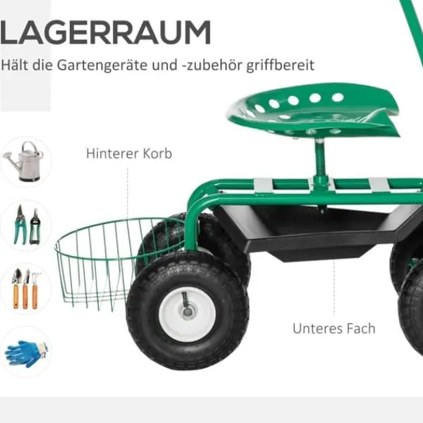 Hot Trädgårdsvagn/verkstadsvagn med roterbar sits & korg, höjdjusterbar, 150 kg, grön, 81×44,5×46–59 cm Stöd Med Hjul, Säten & Knäskydd För Trädgårdsskötsel