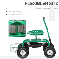 Hot Trädgårdsvagn/verkstadsvagn med roterbar sits & korg, höjdjusterbar, 150 kg, grön, 81×44,5×46–59 cm Stöd Med Hjul, Säten & Knäskydd För Trädgårdsskötsel