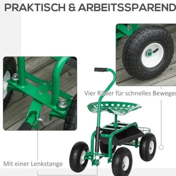 Hot Trädgårdsvagn/verkstadsvagn med roterbar sits & korg, höjdjusterbar, 150 kg, grön, 81×44,5×46–59 cm Stöd Med Hjul, Säten & Knäskydd För Trädgårdsskötsel