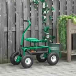 Trädgårdsvagn/verkstadsvagn med roterbar sits & korg, höjdjusterbar, 150 kg, grön, 81×44,5×46–59 cm