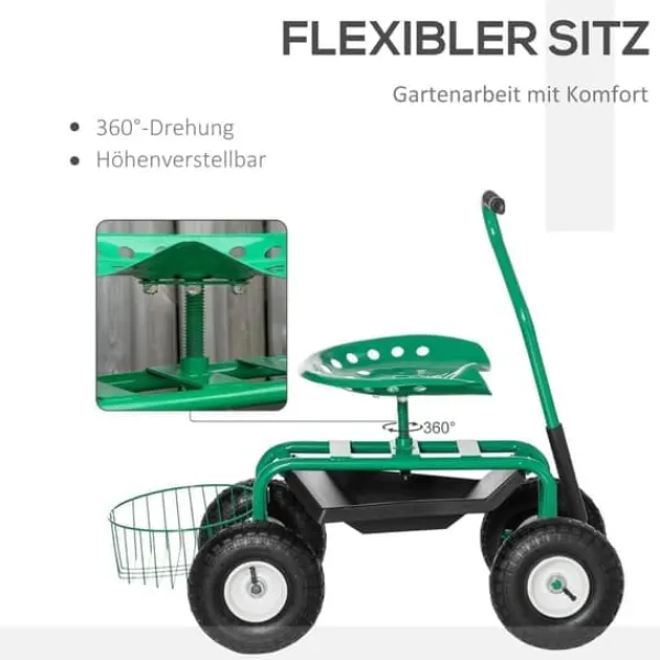 Trädgårdsvagn/verkstadsvagn med roterbar sits & korg, höjdjusterbar, 150 kg, grön, 81×44,5×46–59 cm