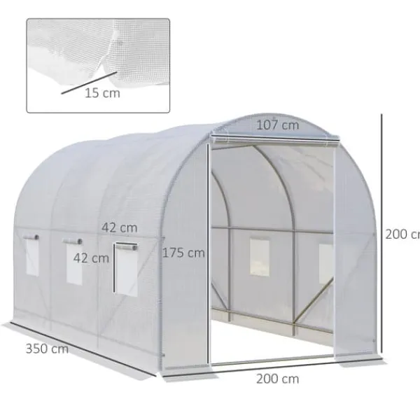 Trädgårdsväxthus - Utomhusmodell - 3,5 x 2 x 2 m - 6 nätfönster - Vit Växthus