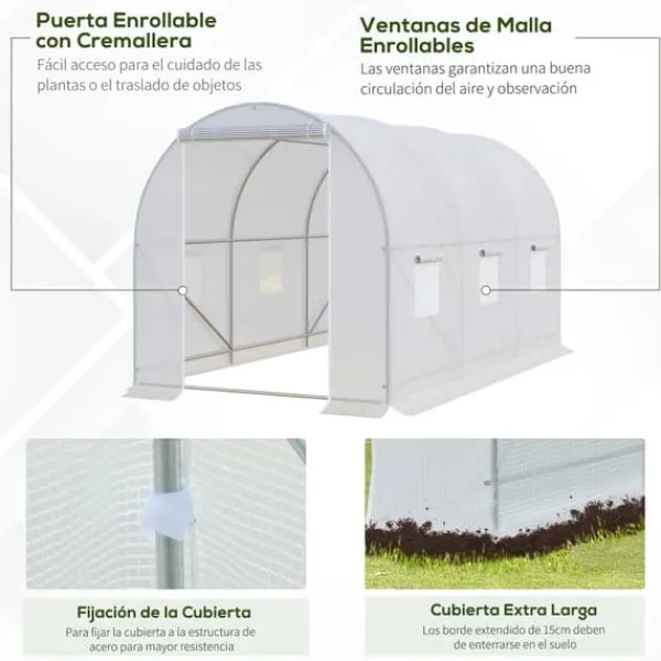 Trädgårdsväxthus - Utomhusmodell - 3,5 x 2 x 2 m - 6 nätfönster - Vit Växthus