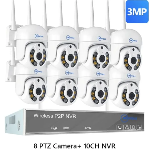 Trådlöst CCTV-system, AI-detektering, tvåvägsljud,10CH 3MP Med 8 PTZ, Ingen