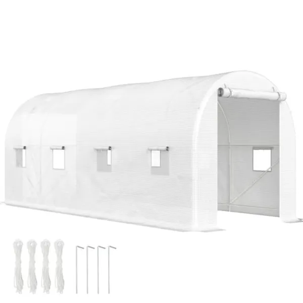 Tunnelväxthus, 500 x 200 x 205 cm, Rullport, 8 Fönster,VIT Växthus
