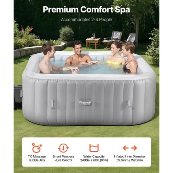 Uppblåsbar Bubbelpool, 4-6 Personer, 1850x660mm, Kvadratisk, Bärbar Utomhusspa