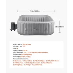 Uppblåsbar Bubbelpool, 4-6 Personer, 1850x660mm, Kvadratisk, Bärbar Utomhusspa