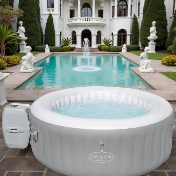 Hot Uppblåsbar jacuzzi – 4 personer – 100 massagestrålar – 600L – Kvadratisk – Med filterpump och lock – Ø154 cm – Upp till 40°C – Inomhus och utomhus Spa & Utomhusbad