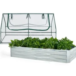 Clearance Upphöjd odlingsbädd med växthus, 6x3x3 fot, Grön & Silver & Genomskinlig Växthus