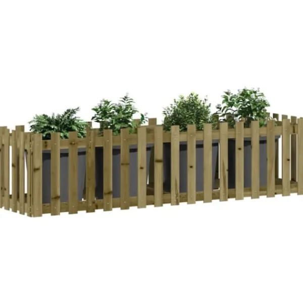 Clearance Upphöjd odlingslåda i impregnerad furu med staket-design | Storlek: 200x50x50 cm | Färg: Natur Planteringsbänkar
