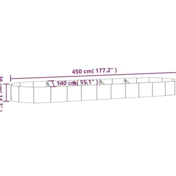 Upphöjd odlingslåda i pulverlackerat stål - Trädgårdsinredning | Färg: Silver | Storlek: 450x140x36 cm