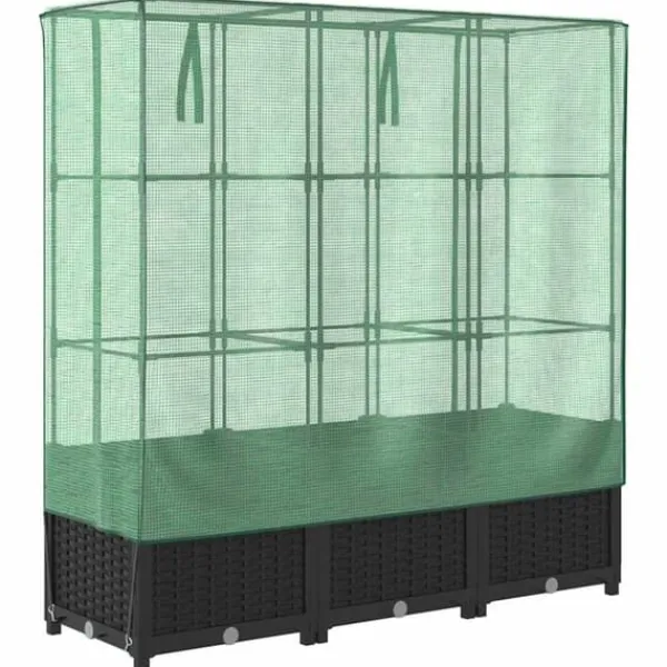 Upphöjd odlingslåda med växthusöverdrag i rottinglook | Storlek: 120x40x138 cm