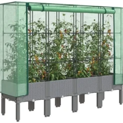 Upphöjd odlingslåda med växthusöverdrag i rottinglook | Storlek: 160x40x140 cm