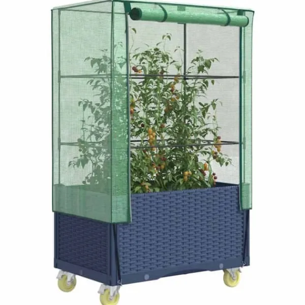 Sale Upphöjd odlingslåda med växthusöverdrag och hjul - Rottinglook | Storlek: 80x50x182 cm Växthus