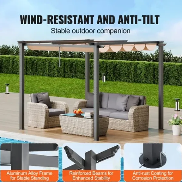 New Utfällbar pergola 10'x10' med solskyddstak i aluminium, beige, hållbar, enkel installation, perfekt för trädgård och uteplats Valvbågar, Spaljéer, Bersåer & Pergolor