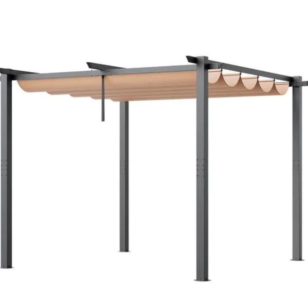 New Utfällbar pergola 10'x10' med solskyddstak i aluminium, beige, hållbar, enkel installation, perfekt för trädgård och uteplats Valvbågar, Spaljéer, Bersåer & Pergolor