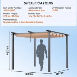 New Utfällbar pergola 10'x10' med solskyddstak i aluminium, beige, hållbar, enkel installation, perfekt för trädgård och uteplats Valvbågar, Spaljéer, Bersåer & Pergolor