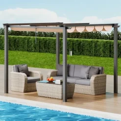 New Utfällbar pergola 10'x10' med solskyddstak i aluminium, beige, hållbar, enkel installation, perfekt för trädgård och uteplats Valvbågar, Spaljéer, Bersåer & Pergolor