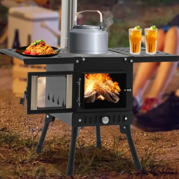 Utomhus campingkamin - Ved- och kolspis - Rökavledning med skorsten - Hopfällbar 31,5×22×21 cm - Kolstål & rostfritt, glas - Vikt 8 kg - Svart