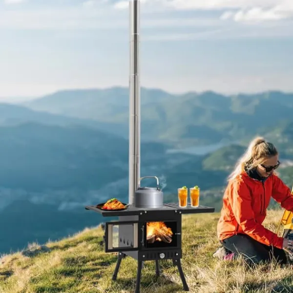 Utomhus campingkamin - Ved- och kolspis - Rökavledning med skorsten - Hopfällbar 31,5×22×21 cm - Kolstål & rostfritt, glas - Vikt 8 kg - Svart