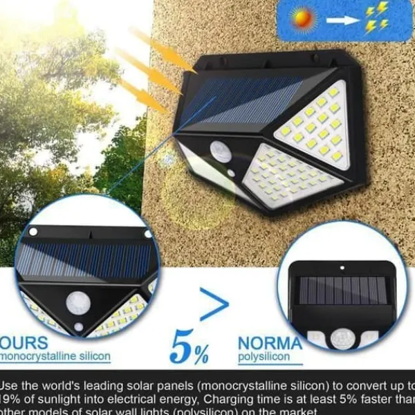 Outlet Utomhus vattentät solcellslampa 100 LED med rörelsedetektor - Svart - Solenergi - LED - Trädgård Trädgårdsprydnader